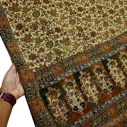 Indian Vintage Beige & black Saree Pure Georgette Silk Hand Embroidered Kantha Sari Craft Fabric 5yd Sewing Floral Soft Sequins Dress making