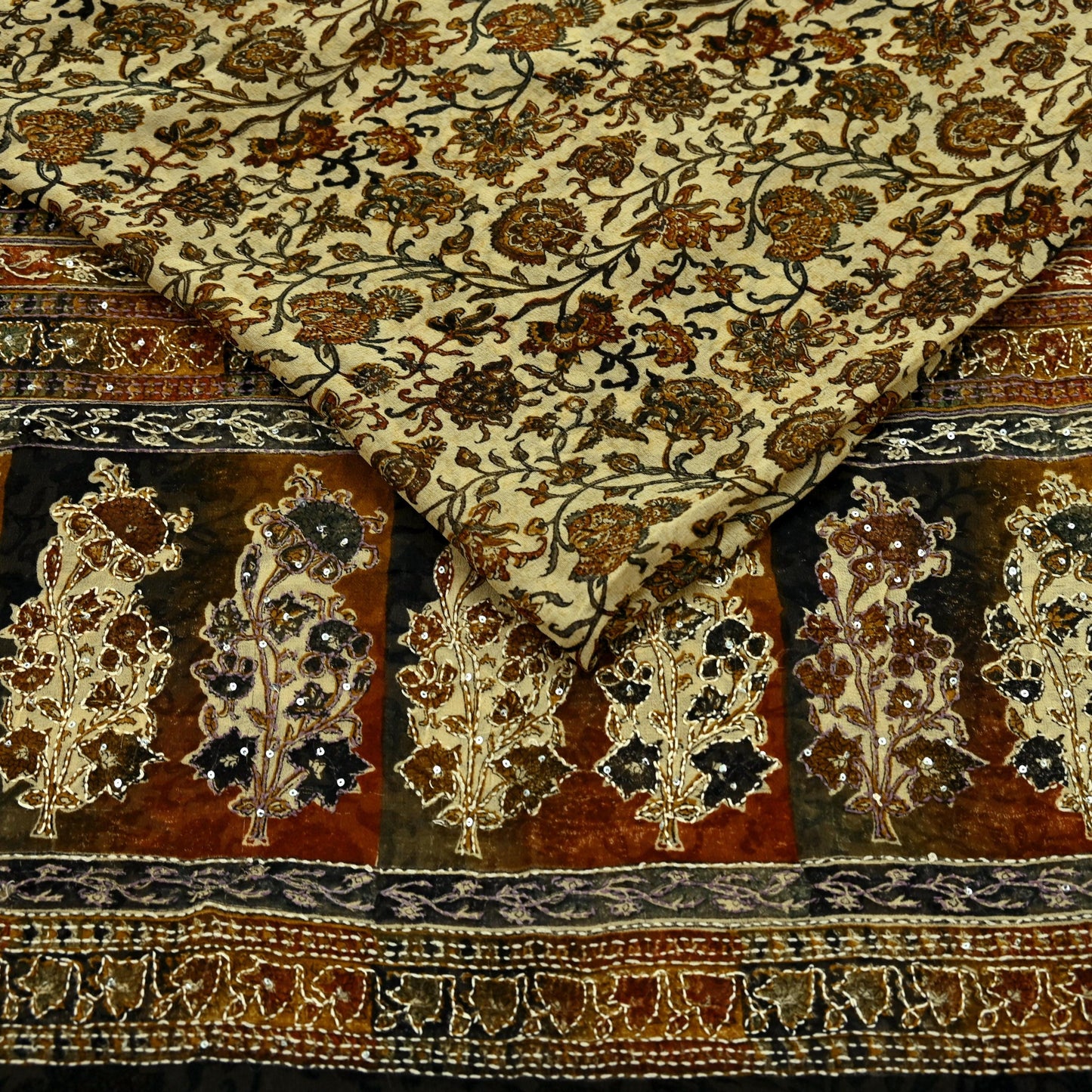 Indian Vintage Beige & black Saree Pure Georgette Silk Hand Embroidered Kantha Sari Craft Fabric 5yd Sewing Floral Soft Sequins Dress making