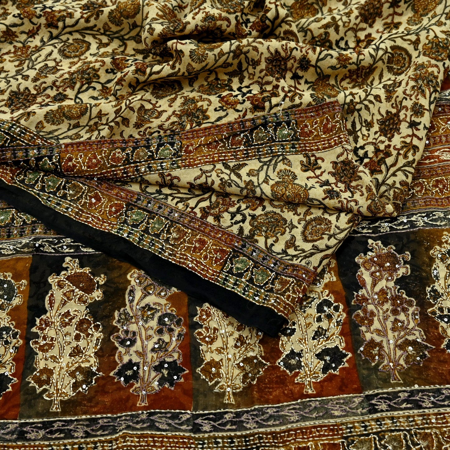 Indian Vintage Beige & black Saree Pure Georgette Silk Hand Embroidered Kantha Sari Craft Fabric 5yd Sewing Floral Soft Sequins Dress making