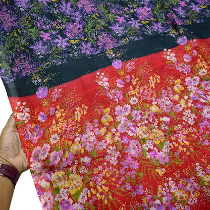 Indian Vintage Red & Black Pure Silk Printed Saree 5 Yards Soft Floral Fabric for Dressmaking, Quilting, Crafting, Sewing, Dress Making