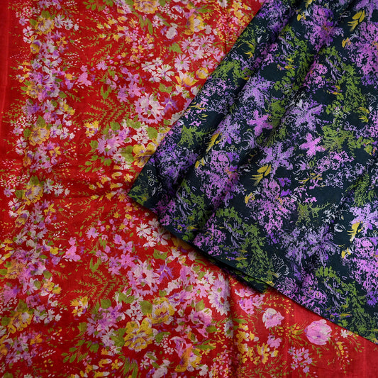 Indian Vintage Red & Black Pure Silk Printed Saree 5 Yards Soft Floral Fabric for Dressmaking, Quilting, Crafting, Sewing, Dress Making