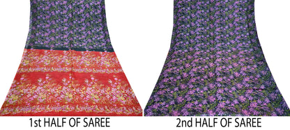Indian Vintage Red & Black Pure Silk Printed Saree 5 Yards Soft Floral Fabric for Dressmaking, Quilting, Crafting, Sewing, Dress Making