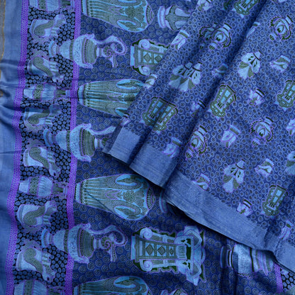 Vintage Sari Gray Pure Silk Printed Saree Fabric 6yard Sewing Soft Dress Designing for Crafting Quilting Upcycle Soft Border