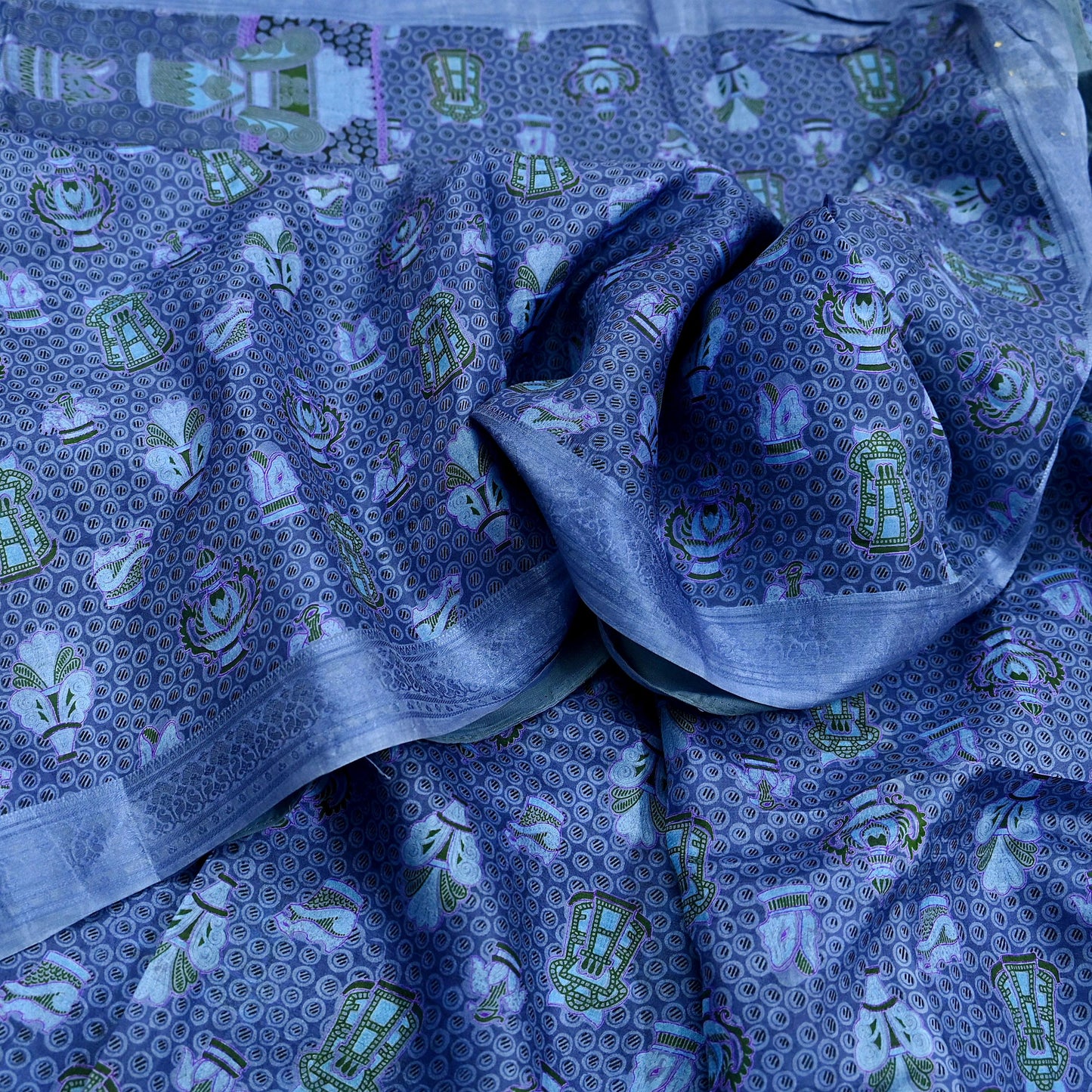 Vintage Sari Gray Pure Silk Printed Saree Fabric 6yard Sewing Soft Dress Designing for Crafting Quilting Upcycle Soft Border