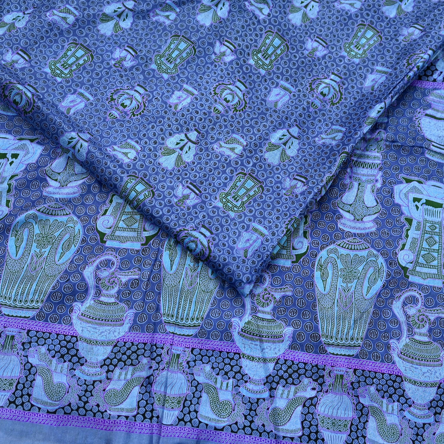Vintage Sari Gray Pure Silk Printed Saree Fabric 6yard Sewing Soft Dress Designing for Crafting Quilting Upcycle Soft Border