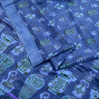 Vintage Sari Gray Pure Silk Printed Saree Fabric 6yard Sewing Soft Dress Designing for Crafting Quilting Upcycle Soft Border