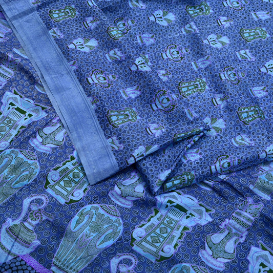Vintage Sari Gray Pure Silk Printed Saree Fabric 6yard Sewing Soft Dress Designing for Crafting Quilting Upcycle Soft Border