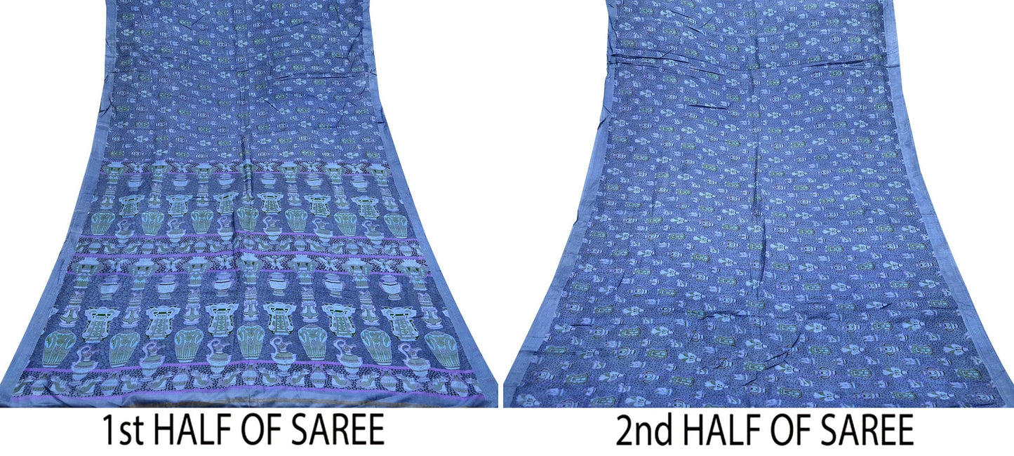 Vintage Sari Gray Pure Silk Printed Saree Fabric 6yard Sewing Soft Dress Designing for Crafting Quilting Upcycle Soft Border