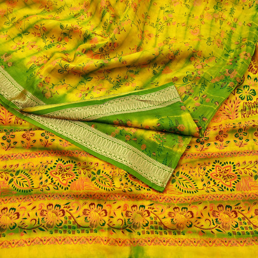 Vintage Sari Yellow & Green Pure Silk Printed Leheria Saree Fabric 5yard Sewing Soft Dress Designing for Crafting Quilting Upcycle Soft