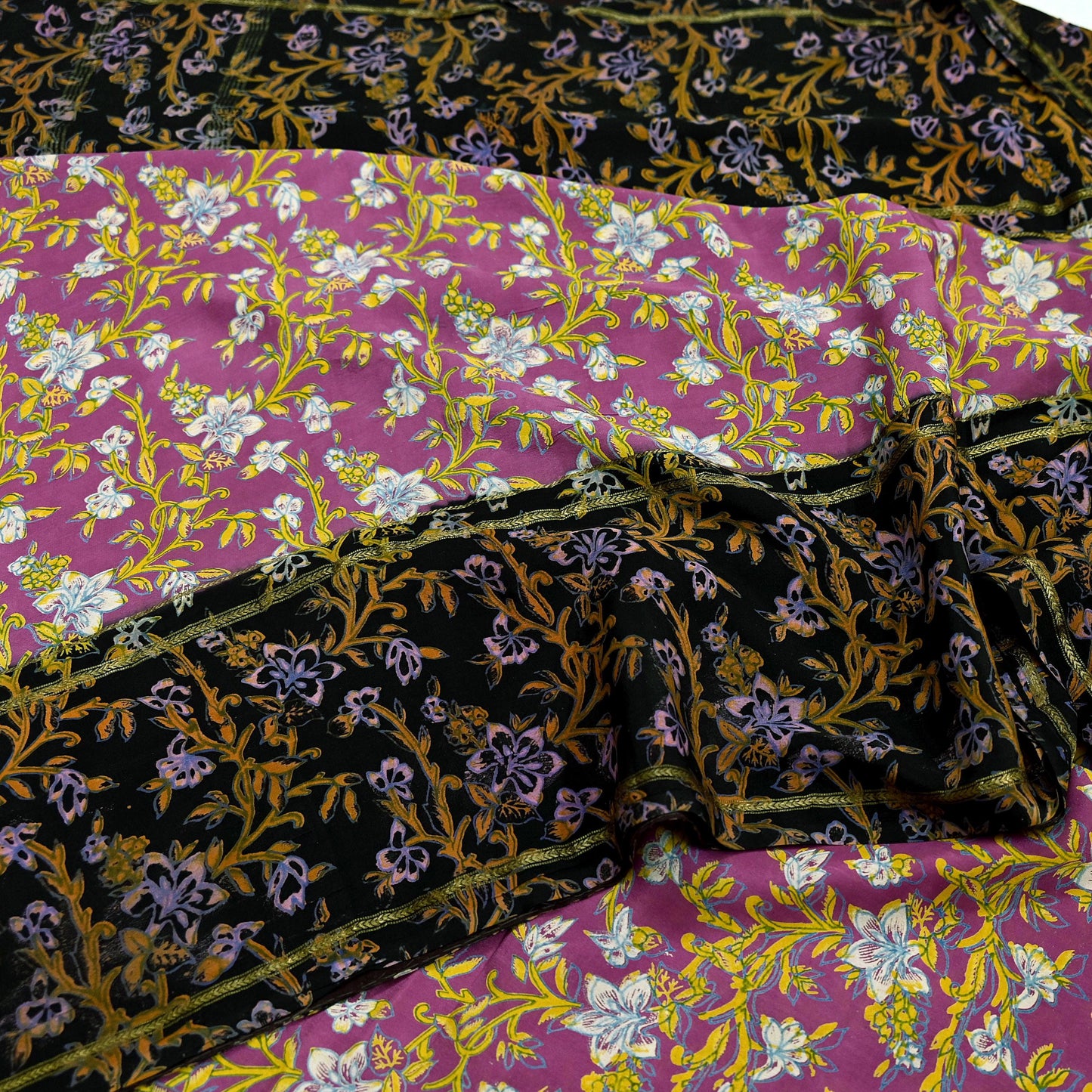 Vintage Sari Pink & Black Pure Silk Printed Saree Fabric 5yard Sewing Soft Dress Designing for Crafting Quilting Upcycle Soft Zari Border