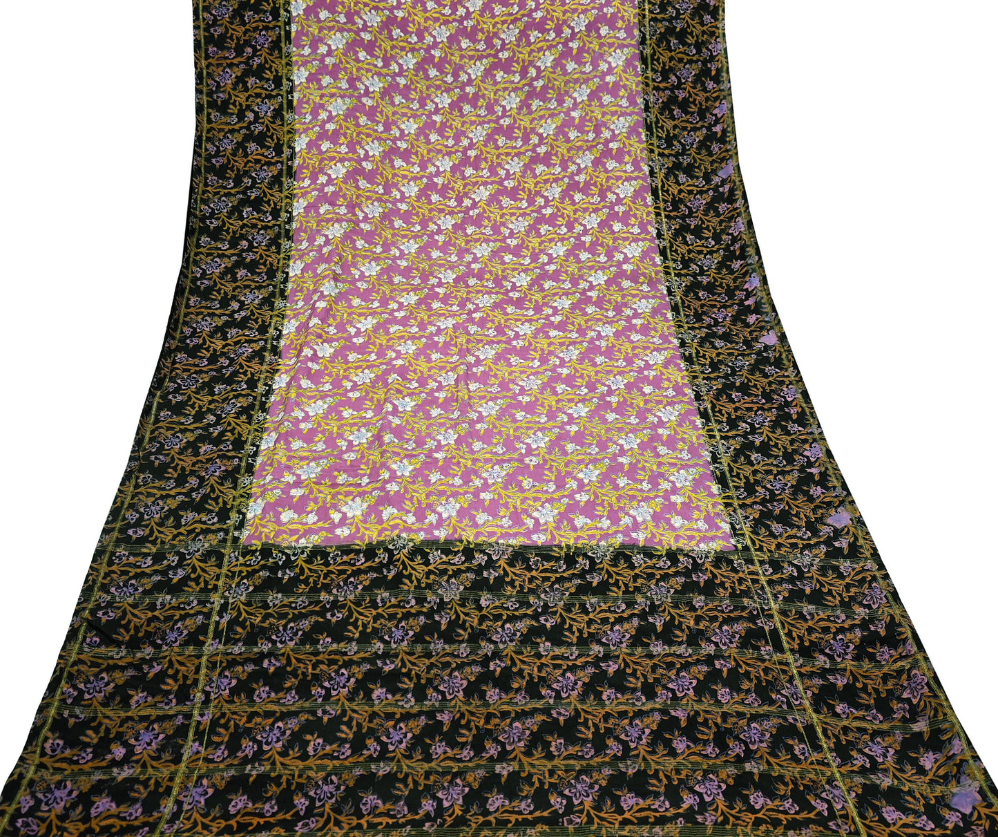 Vintage Sari Pink & Black Pure Silk Printed Saree Fabric 5yard Sewing Soft Dress Designing for Crafting Quilting Upcycle Soft Zari Border