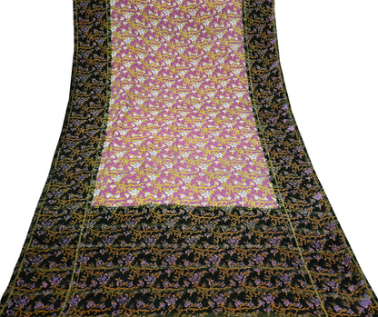 Vintage Sari Pink & Black Pure Silk Printed Saree Fabric 5yard Sewing Soft Dress Designing for Crafting Quilting Upcycle Soft Zari Border