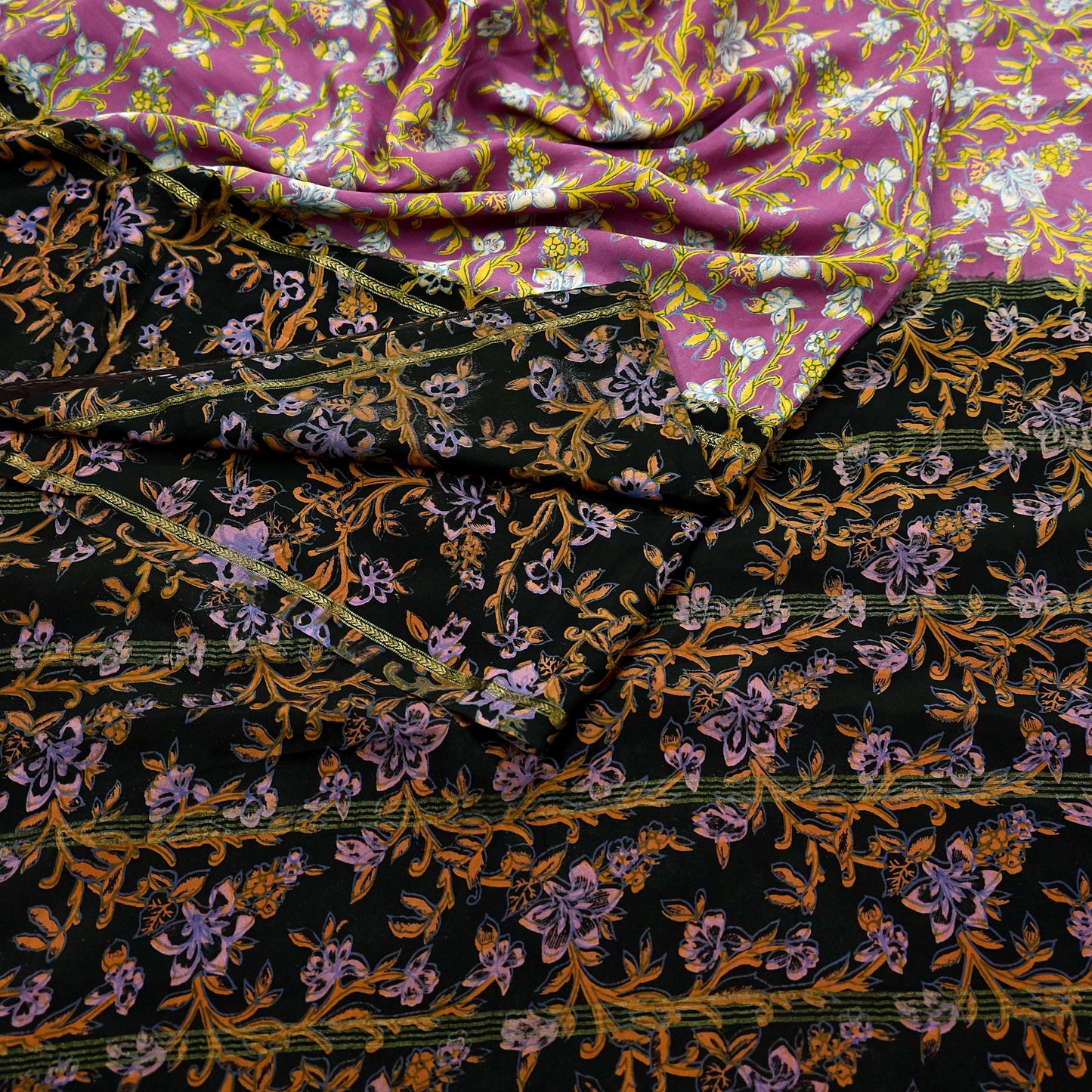 Vintage Sari Pink & Black Pure Silk Printed Saree Fabric 5yard Sewing Soft Dress Designing for Crafting Quilting Upcycle Soft Zari Border