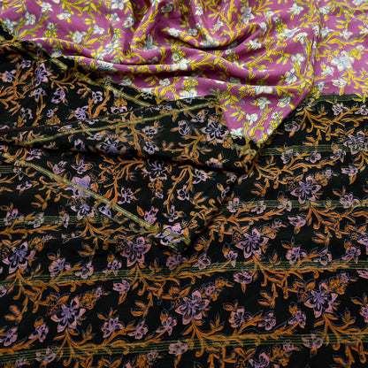 Vintage Sari Pink & Black Pure Silk Printed Saree Fabric 5yard Sewing Soft Dress Designing for Crafting Quilting Upcycle Soft Zari Border