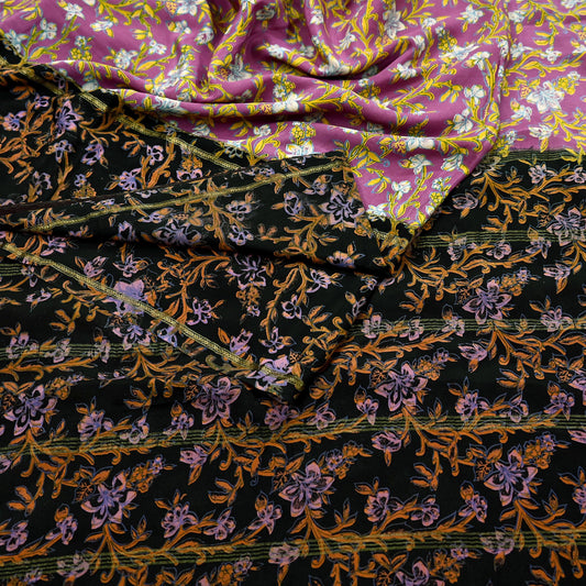 Vintage Sari Pink & Black Pure Silk Printed Saree Fabric 5yard Sewing Soft Dress Designing for Crafting Quilting Upcycle Soft Zari Border