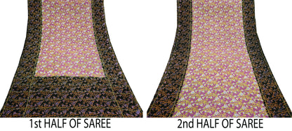 Vintage Sari Pink & Black Pure Silk Printed Saree Fabric 5yard Sewing Soft Dress Designing for Crafting Quilting Upcycle Soft Zari Border