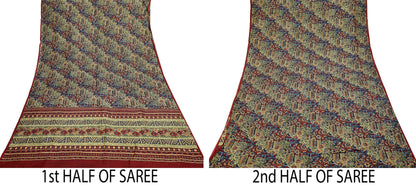 Indian Vintage Multi Pure Silk Printed Saree 5Yards Soft Floral Fabric for Dressmaking, Quilting, Crafting, Sewing, Dress Making