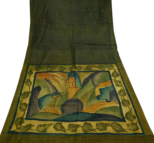 Indian Vintage Sari Green 100% Pure Silk Printed Saree Fabric 6yd Sewing Craft Fabric Dress Making Soft Floral Abstract Quilting Crafting
