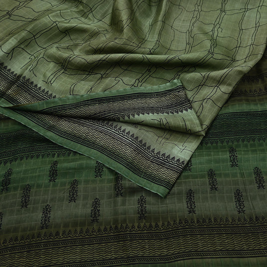 Indian Vintage Sari Green Printed Pure Silk Sarees Craft Fabric 6yd Sewing Floral Soft Dress Designing for Crafting Quilting Upcycle Used