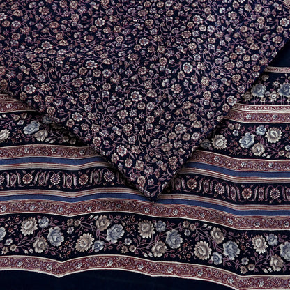 Indian Vintage Blue Pure Silk Printed Saree 5 Yards Soft Floral Fabric for Dressmaking, Quilting, Crafting, Sewing & Upcycling Dress Making