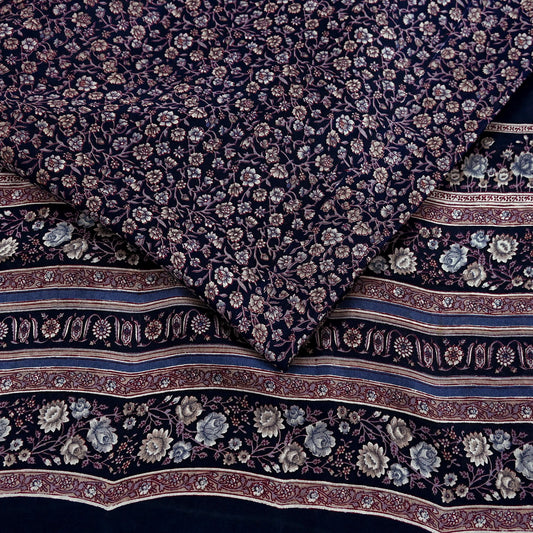 Indian Vintage Blue Pure Silk Printed Saree 5 Yards Soft Floral Fabric for Dressmaking, Quilting, Crafting, Sewing & Upcycling Dress Making