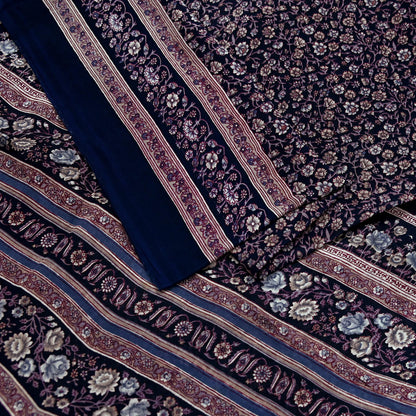 Indian Vintage Blue Pure Silk Printed Saree 5 Yards Soft Floral Fabric for Dressmaking, Quilting, Crafting, Sewing & Upcycling Dress Making
