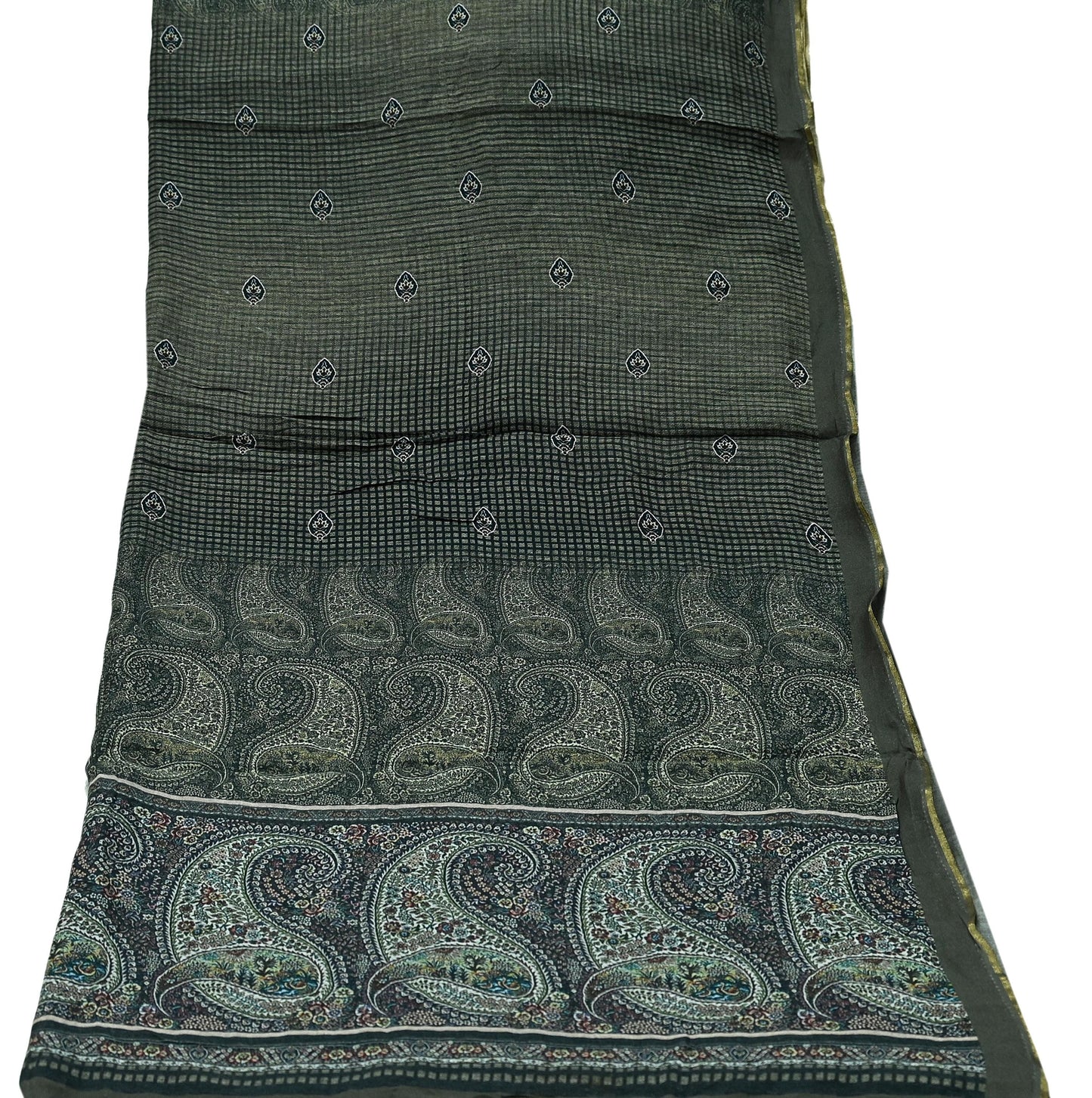 Indian Vintage Dupatta Brown & Black Long Stole Block Print Pure Chanderi Silk Scarves Veil Zari Wrap Hijab