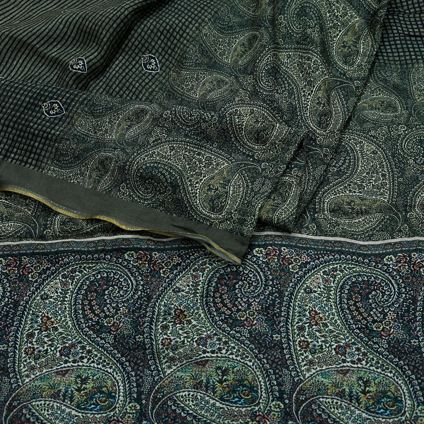 Indian Vintage Dupatta Brown & Black Long Stole Block Print Pure Chanderi Silk Scarves Veil Zari Wrap Hijab