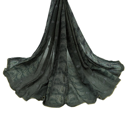 Indian Vintage Dupatta Brown & Black Long Stole Block Print Pure Chanderi Silk Scarves Veil Zari Wrap Hijab