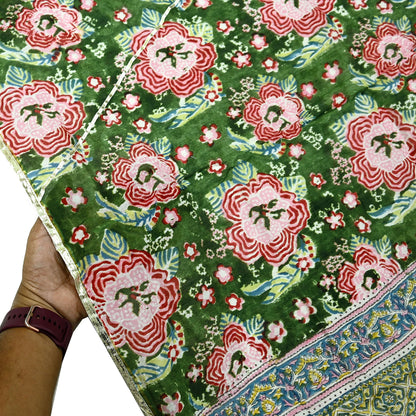 Indian Vintage Green Dupatta Long Stole Hand Block Print Pure Chanderi Silk Scarves Veil Golden Gota Patti