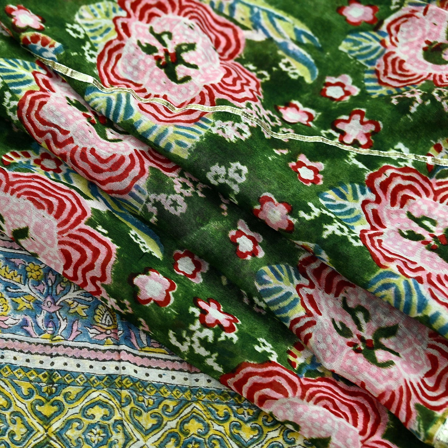 Indian Vintage Green Dupatta Long Stole Hand Block Print Pure Chanderi Silk Scarves Veil Golden Gota Patti