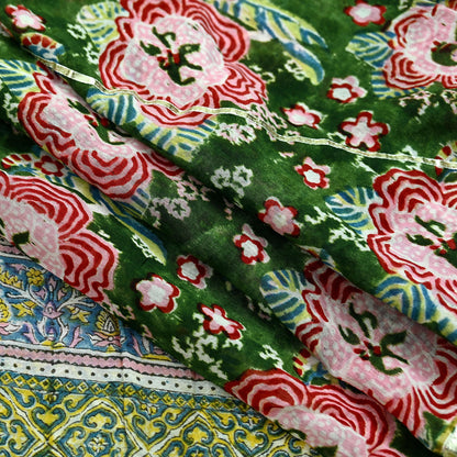Indian Vintage Green Dupatta Long Stole Hand Block Print Pure Chanderi Silk Scarves Veil Golden Gota Patti