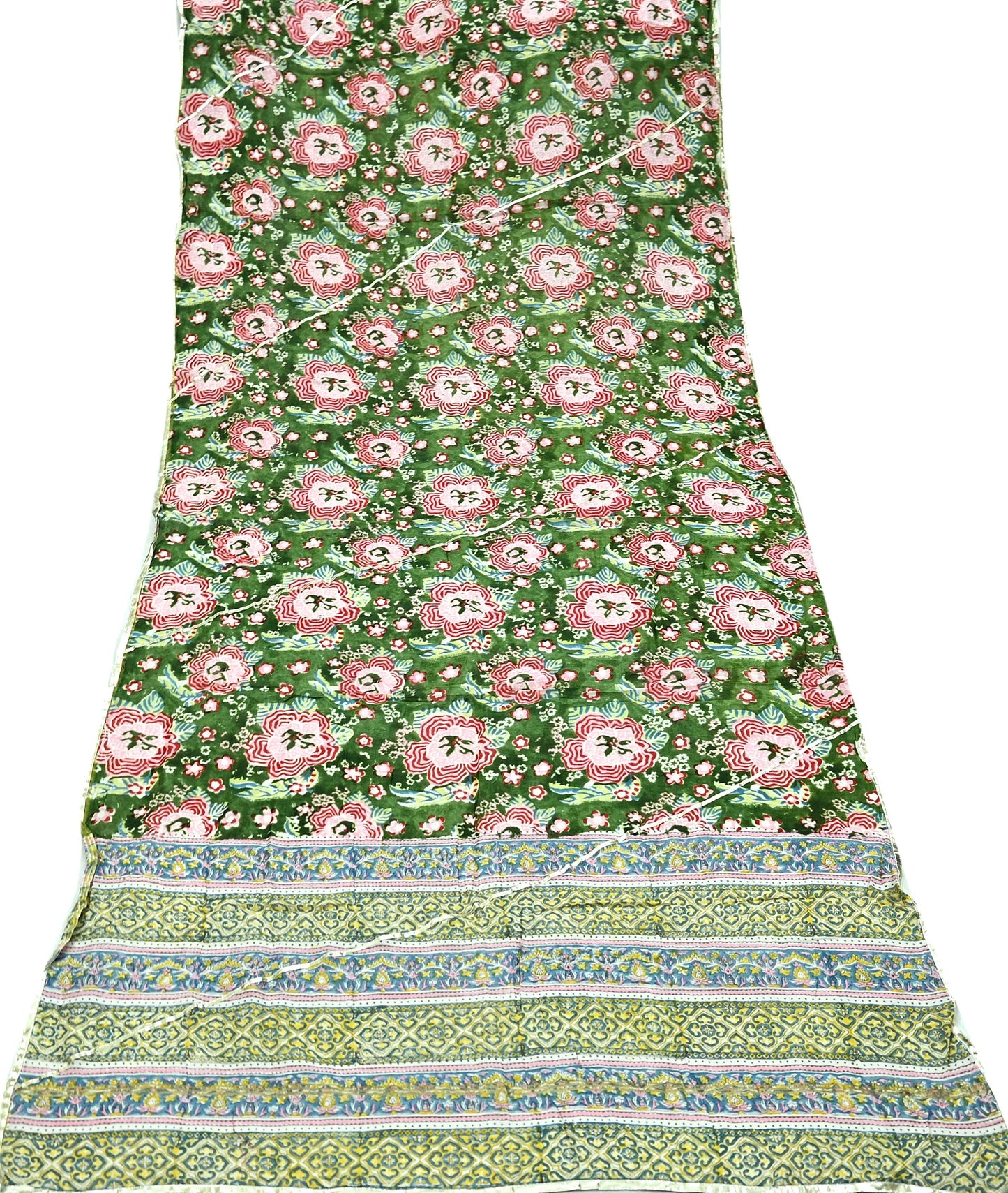 Indian Vintage Green Dupatta Long Stole Hand Block Print Pure Chanderi Silk Scarves Veil Golden Gota Patti