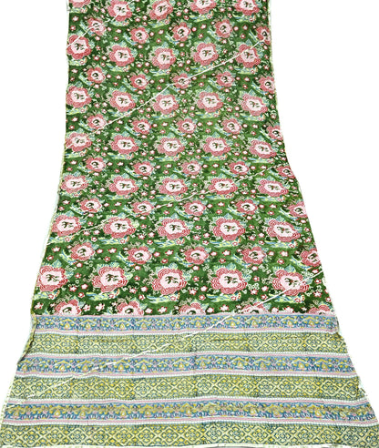 Indian Vintage Green Dupatta Long Stole Hand Block Print Pure Chanderi Silk Scarves Veil Golden Gota Patti