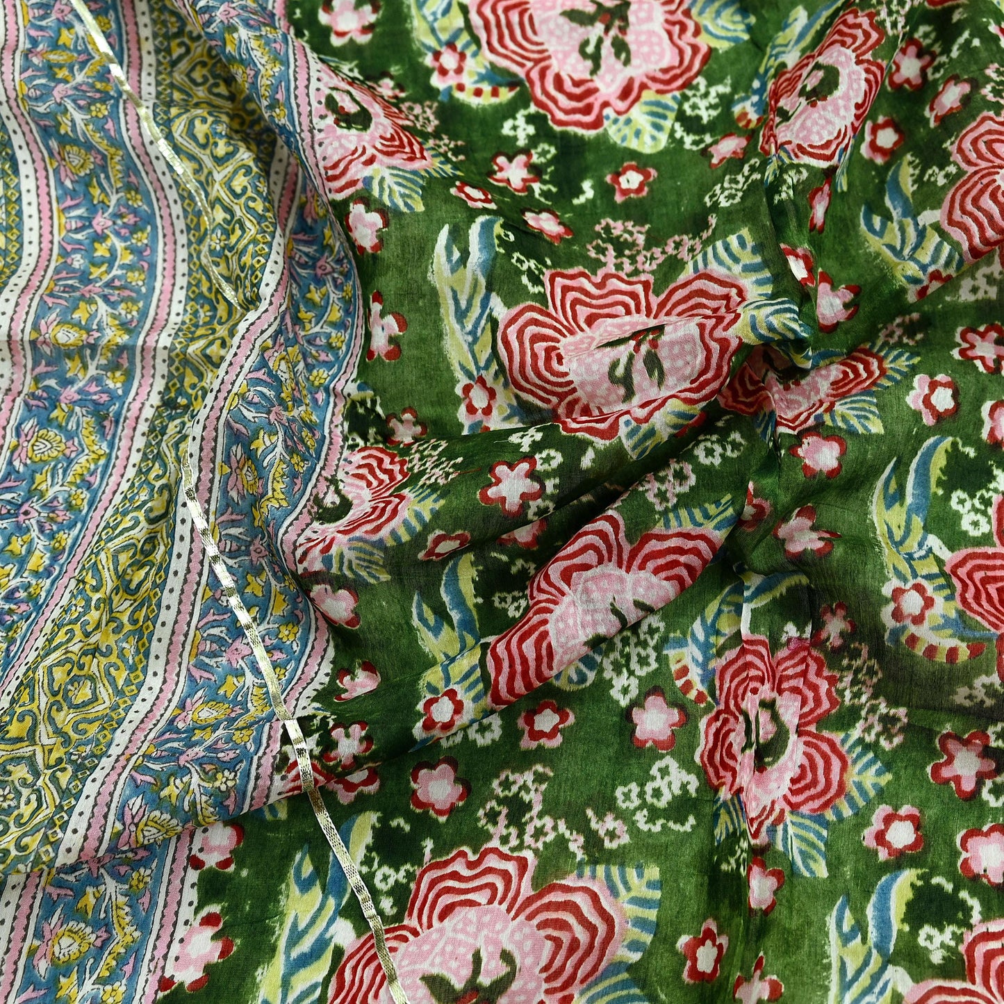 Indian Vintage Green Dupatta Long Stole Hand Block Print Pure Chanderi Silk Scarves Veil Golden Gota Patti
