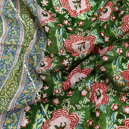 Indian Vintage Green Dupatta Long Stole Hand Block Print Pure Chanderi Silk Scarves Veil Golden Gota Patti