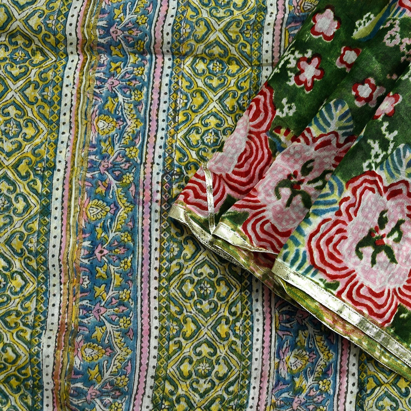 Indian Vintage Green Dupatta Long Stole Hand Block Print Pure Chanderi Silk Scarves Veil Golden Gota Patti