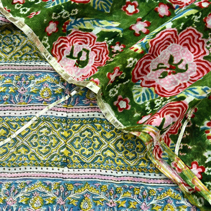 Indian Vintage Green Dupatta Long Stole Hand Block Print Pure Chanderi Silk Scarves Veil Golden Gota Patti