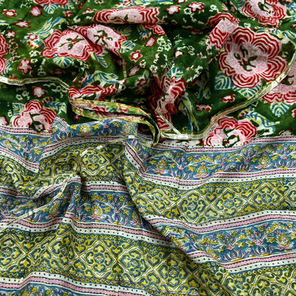 Indian Vintage Green Dupatta Long Stole Hand Block Print Pure Chanderi Silk Scarves Veil Golden Gota Patti