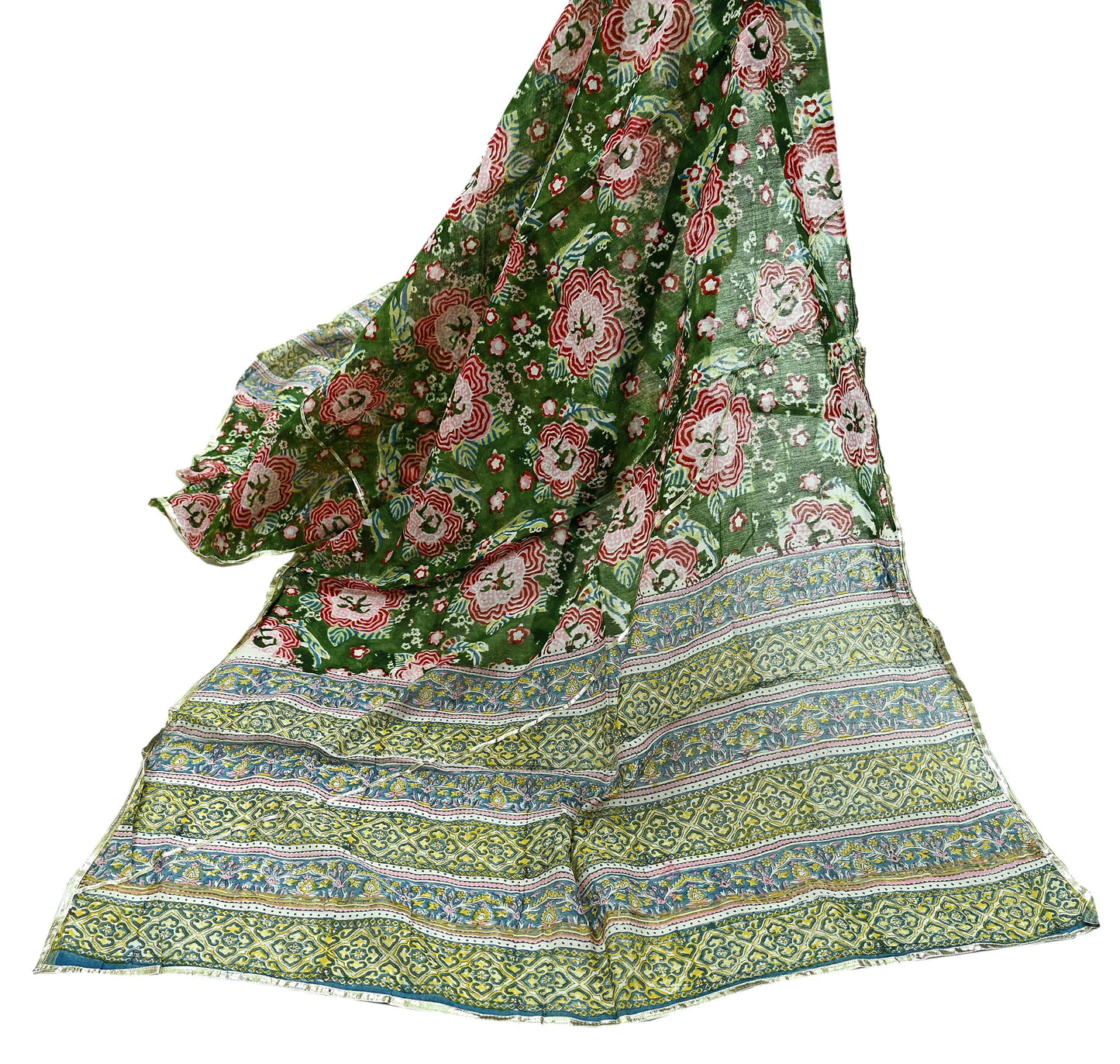 Indian Vintage Green Dupatta Long Stole Hand Block Print Pure Chanderi Silk Scarves Veil Golden Gota Patti