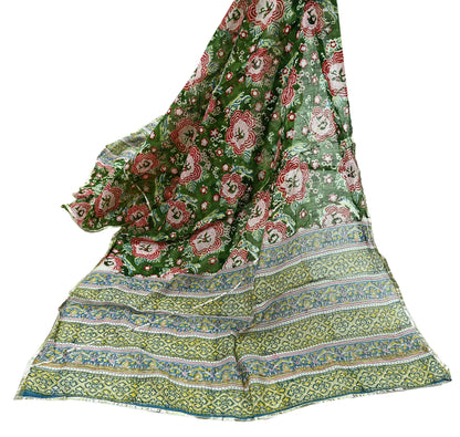 Indian Vintage Green Dupatta Long Stole Hand Block Print Pure Chanderi Silk Scarves Veil Golden Gota Patti