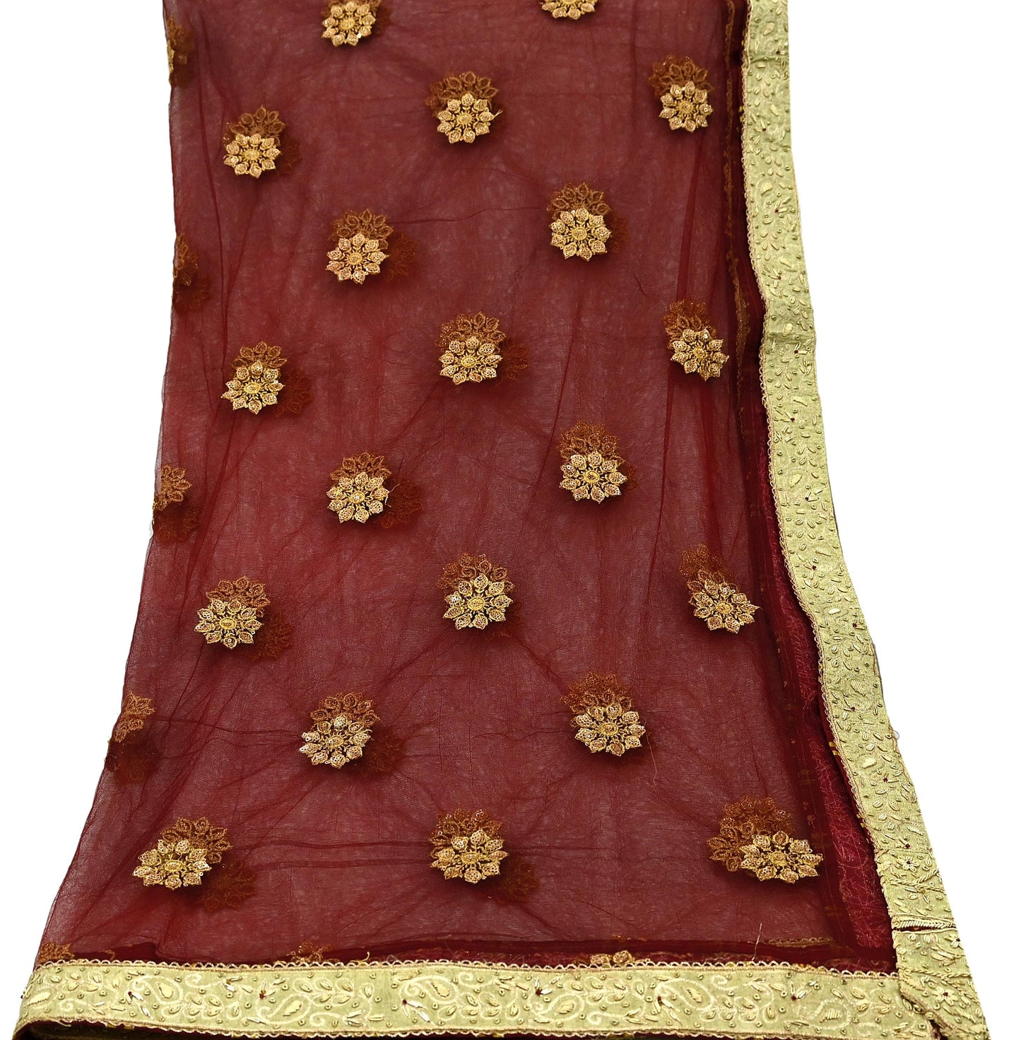 Indian Vintage Maroon Dupatta Net Mesh Long Stole Hand Embroidered Scarves Golden Zardozi Zari Sequins Hijab Veil wrap Boho