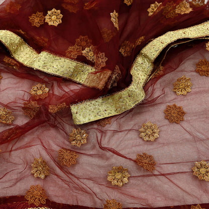 Indian Vintage Maroon Dupatta Net Mesh Long Stole Hand Embroidered Scarves Golden Zardozi Zari Sequins Hijab Veil wrap Boho