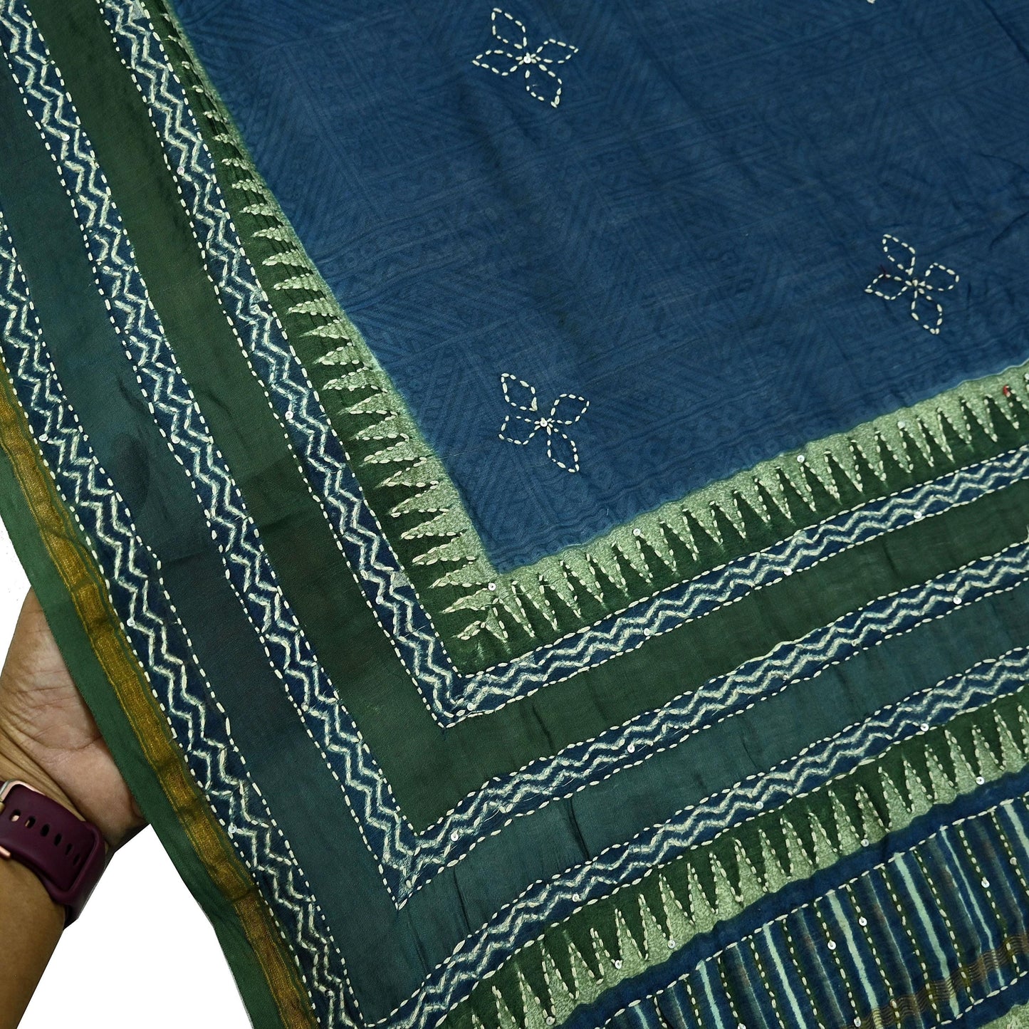 Indian Vintage Dupatta Green & Blue Long Stole Pure Chanderi Silk Hand Embroidered kantha stole Scarves Veil Wrap Soft Floral