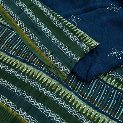 Indian Vintage Dupatta Green & Blue Long Stole Pure Chanderi Silk Hand Embroidered kantha stole Scarves Veil Wrap Soft Floral