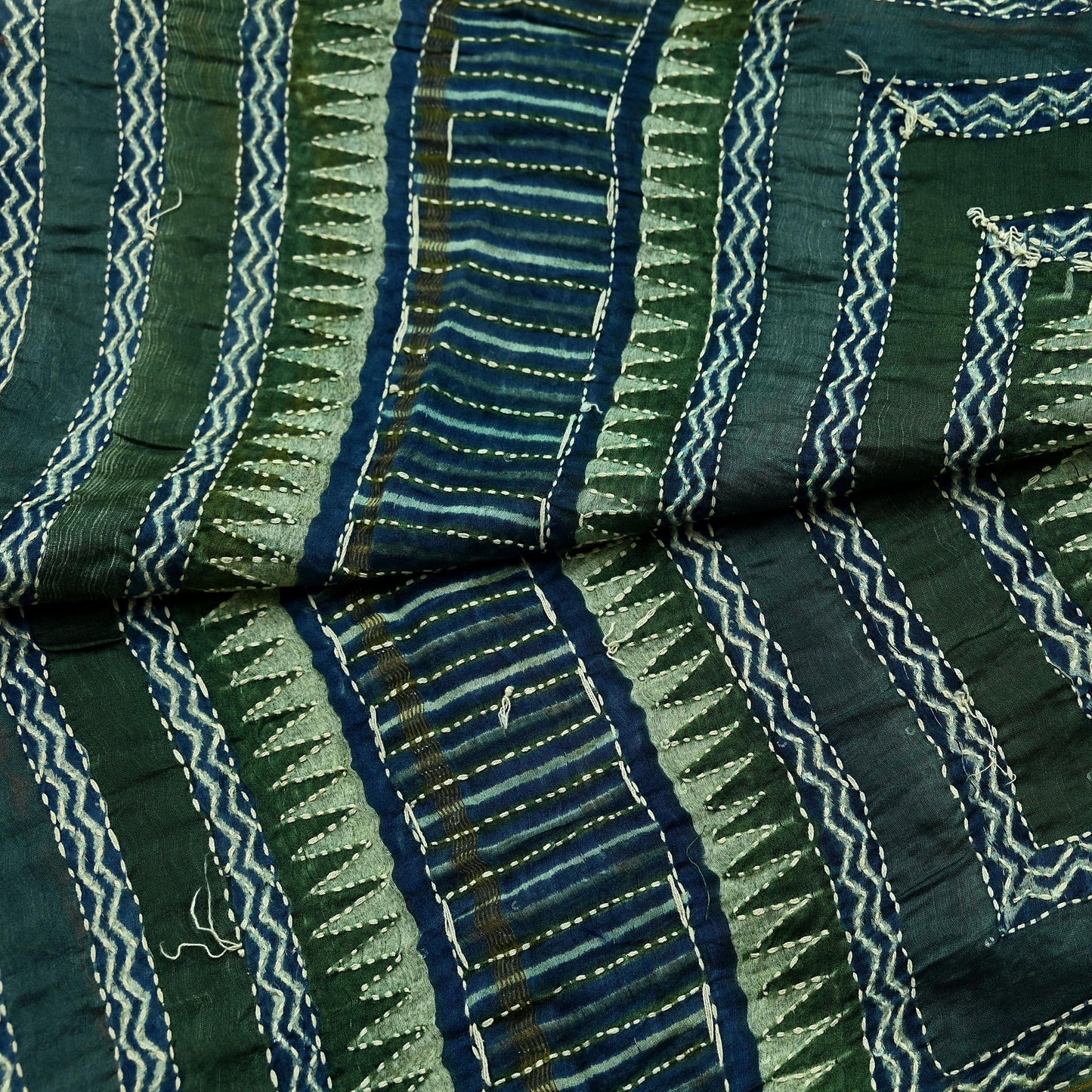 Indian Vintage Dupatta Green & Blue Long Stole Pure Chanderi Silk Hand Embroidered kantha stole Scarves Veil Wrap Soft Floral