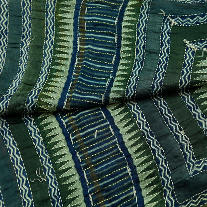 Indian Vintage Dupatta Green & Blue Long Stole Pure Chanderi Silk Hand Embroidered kantha stole Scarves Veil Wrap Soft Floral