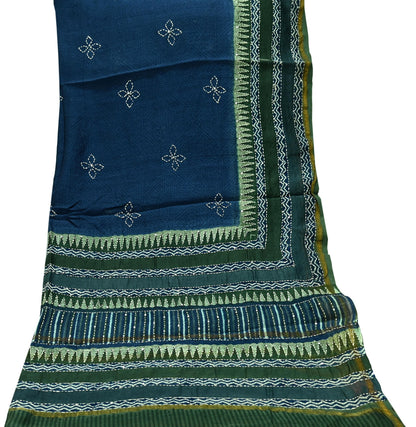 Indian Vintage Dupatta Green & Blue Long Stole Pure Chanderi Silk Hand Embroidered kantha stole Scarves Veil Wrap Soft Floral