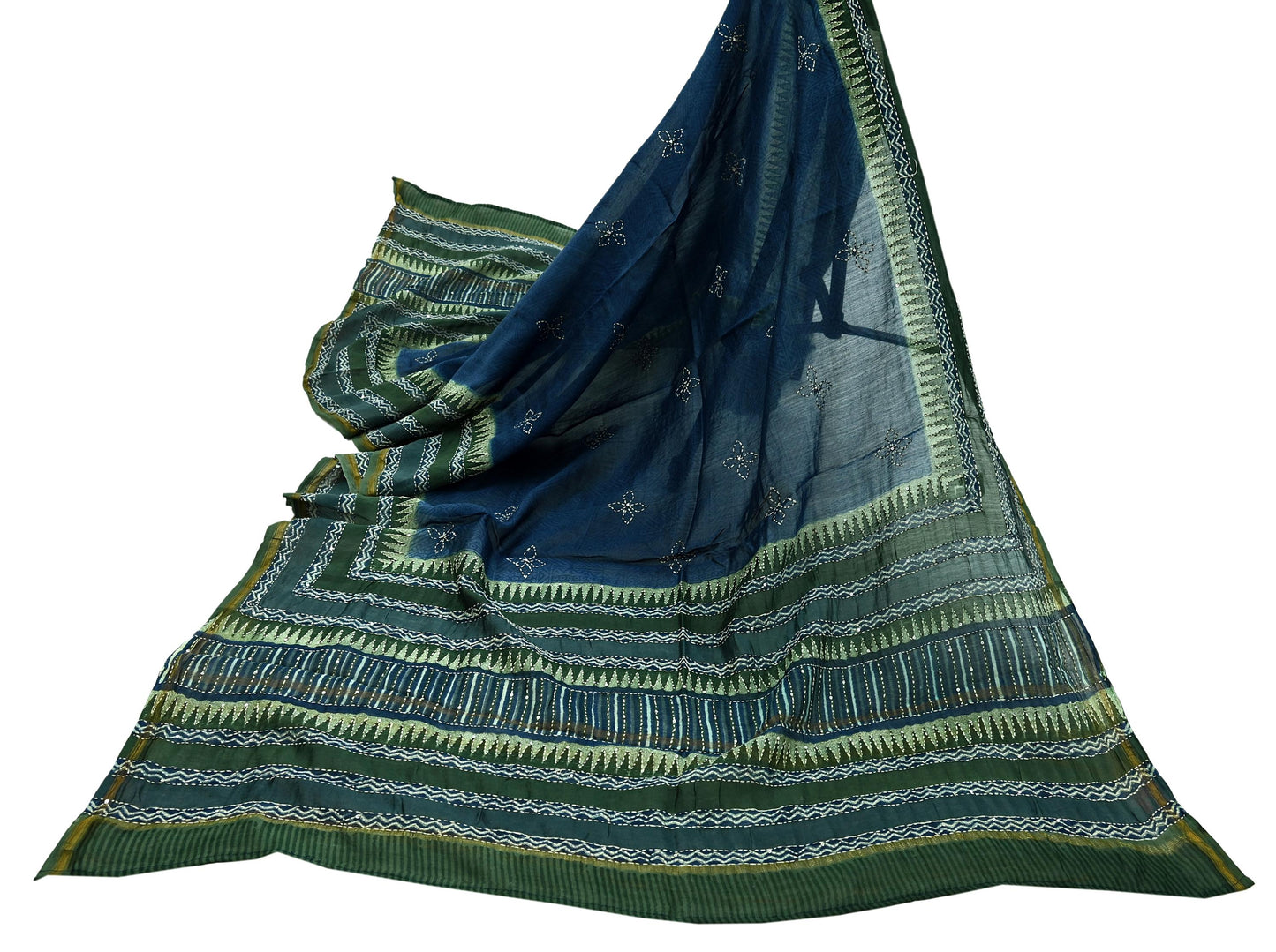 Indian Vintage Dupatta Green & Blue Long Stole Pure Chanderi Silk Hand Embroidered kantha stole Scarves Veil Wrap Soft Floral