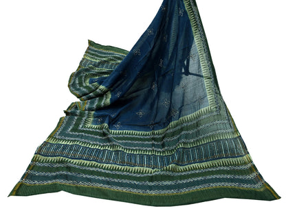 Indian Vintage Dupatta Green & Blue Long Stole Pure Chanderi Silk Hand Embroidered kantha stole Scarves Veil Wrap Soft Floral